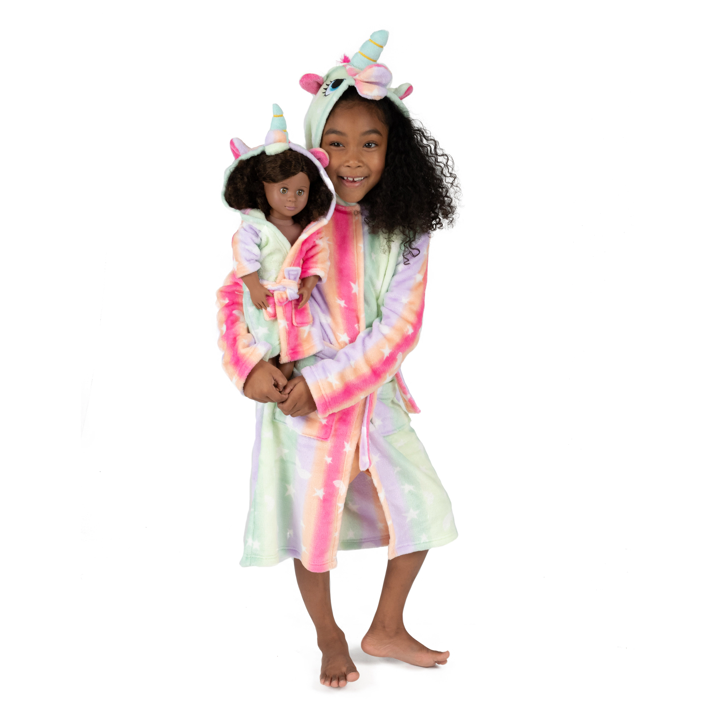 Leveret Girl & Matching Doll Rainbow Stars Tie Dye Fleece Hooded Robe Set
