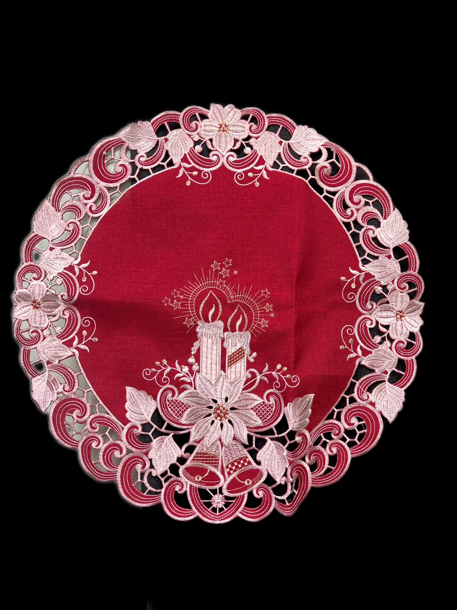 Jiallo Poinsettia Embroidered Cutwork Round Placemat, 23-Inch diameter