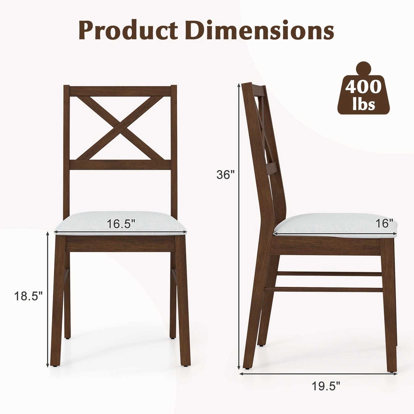 SlickBlue Brown Set of 2 Fabric Dining Chairs Rubber Wood Frame Kitchen Side Chairs