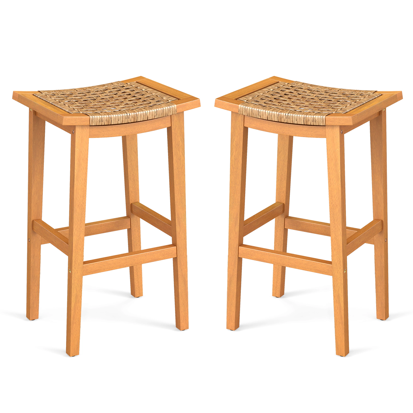LJG Outdoor Acacia Wood Bar Stools Set of 2 with PE Rattan Seats and Backrests