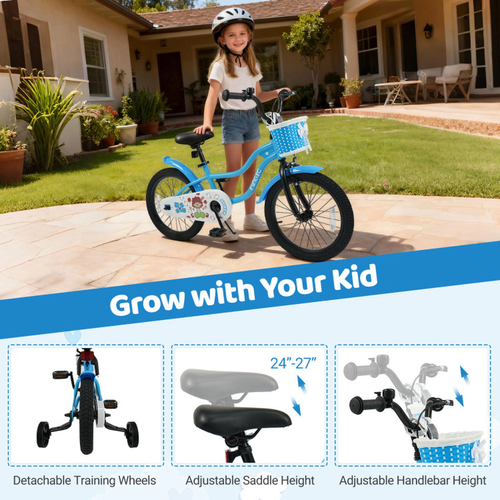 SUGIFT Blue Training Wheels Removable Basket Bell and Kickstand Kids 18 Inch Bike