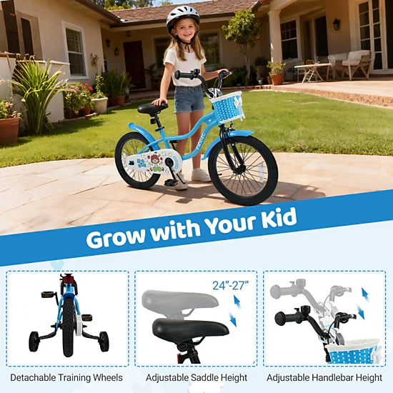 SUGIFT 18-in Blue Kids Bike with Training Wheels Removable Front Basket Bell Mudguards and Kickstand