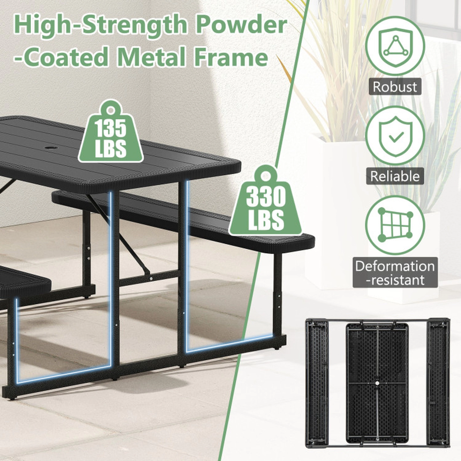 SUGIFT 53-In Black HDPE Picnic Table and Bench Set for 2-4 People