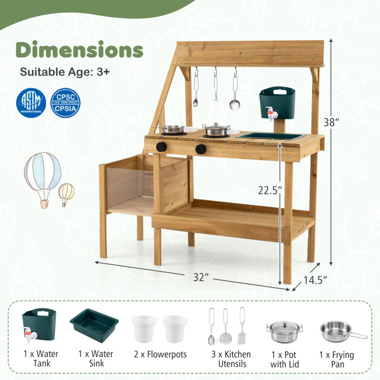 Hivvago Kids Mud Kitchen Wooden Play Kitchen with Planter Box