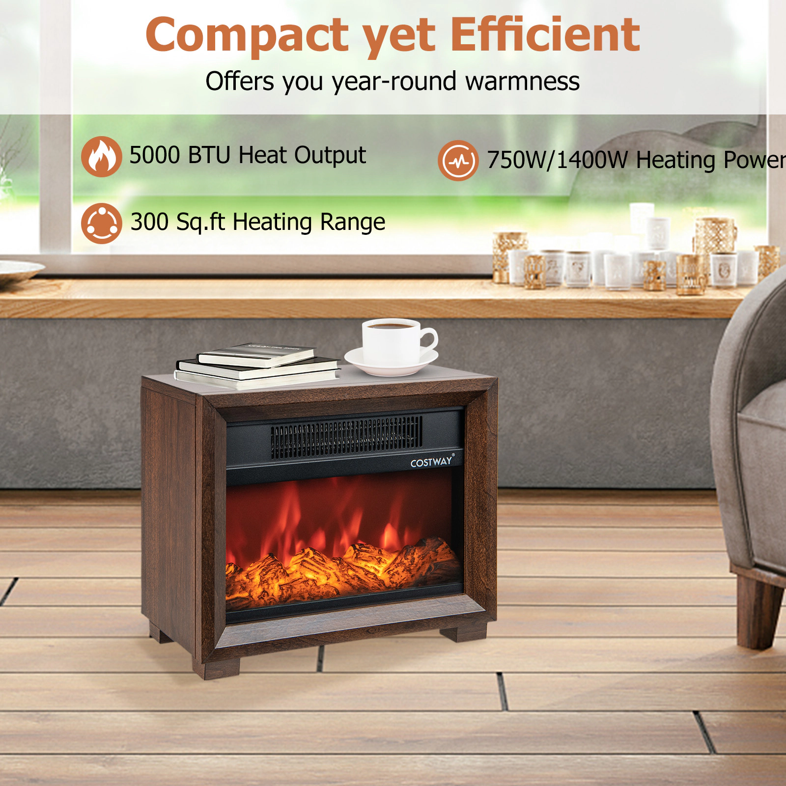 LJG Mini Wooden Space Tabletop Fireplace with Realistic Flame Effect