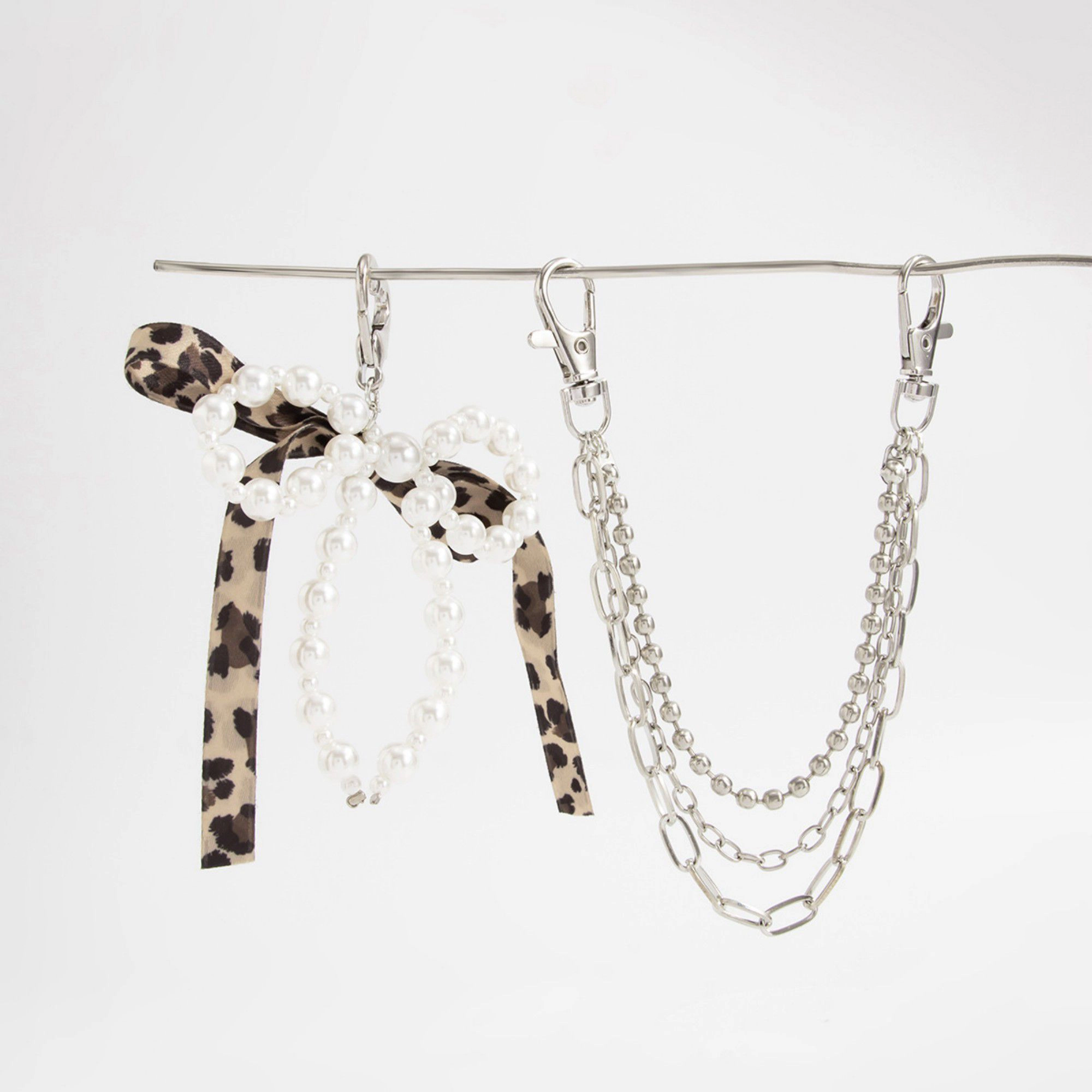 Alilang Women's Pearl Bow Chain Bag Charm with Leopard Ribbon Layered Silver Tone Clips for Bags and Jeans
