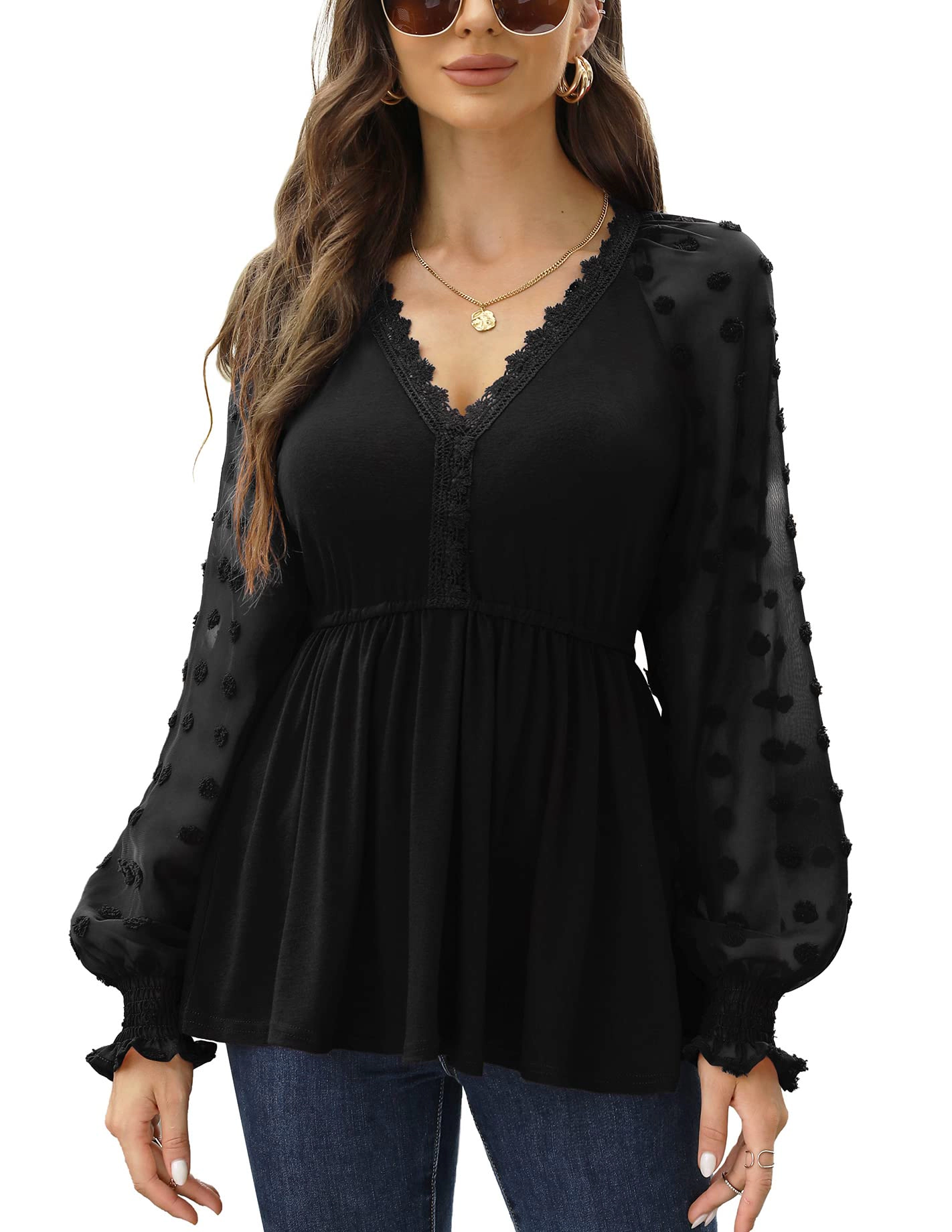 KOJOOIN Women's Peplum Tunic Top Lace Trim V Neck Swiss Dot Sheer Blouse Smocked Ruffle Cuffs Flowy Shirt