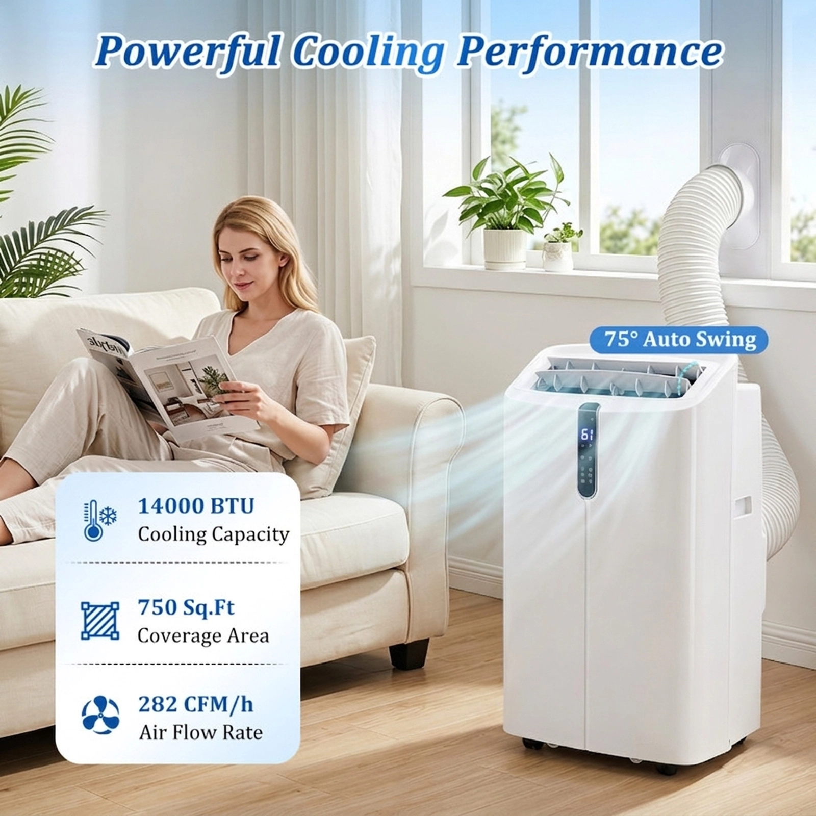 SUGIFT 14000 BTU Smart Portable Air Conditioner 47 dB for Rooms up to 750 Sq Ft White/Black