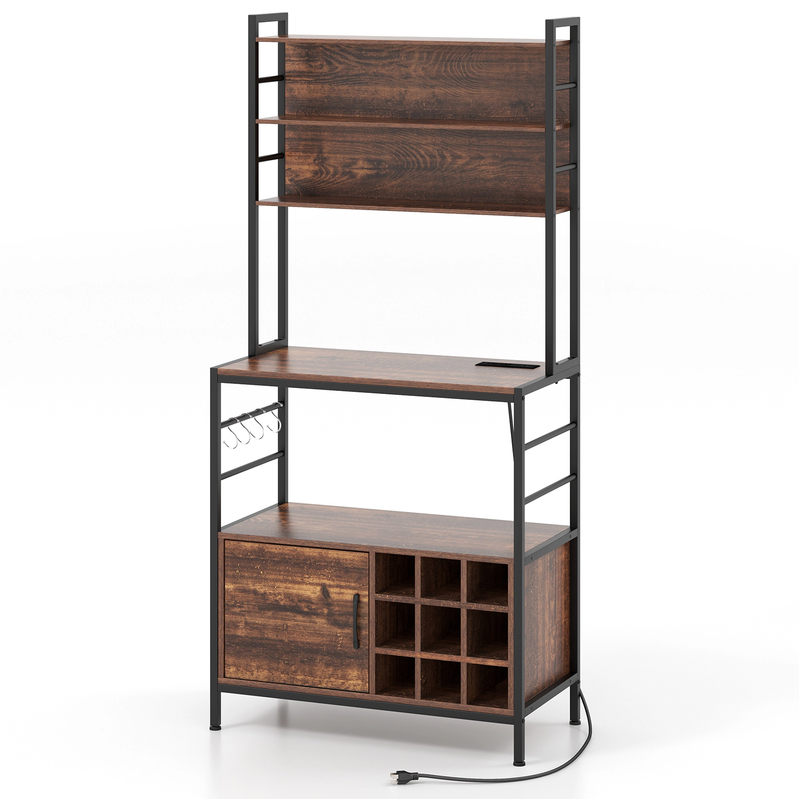 SUGIFT Coffee Bar Cabinet with Power Outlet, S-Shaped Hooks and Wine Bottle Holders 330-lb Capacity Rustic Brown