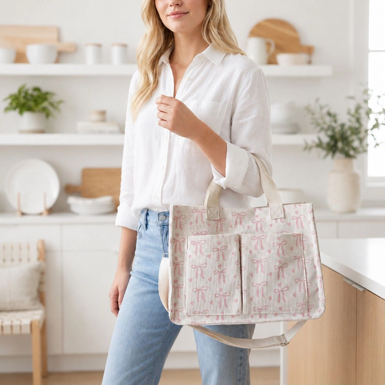 Alilang Women's Canvas Tote Bag with Bow Print Large Capacity Lightweight Adjustable Shoulder Bag, Beige