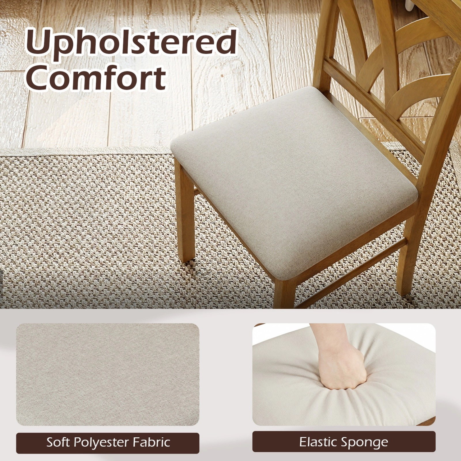 SUGIFT Set of 2 Wooden Dining Chairs with Upholstered Hollowed Backrest 330-lb Capacity Oak + Beige