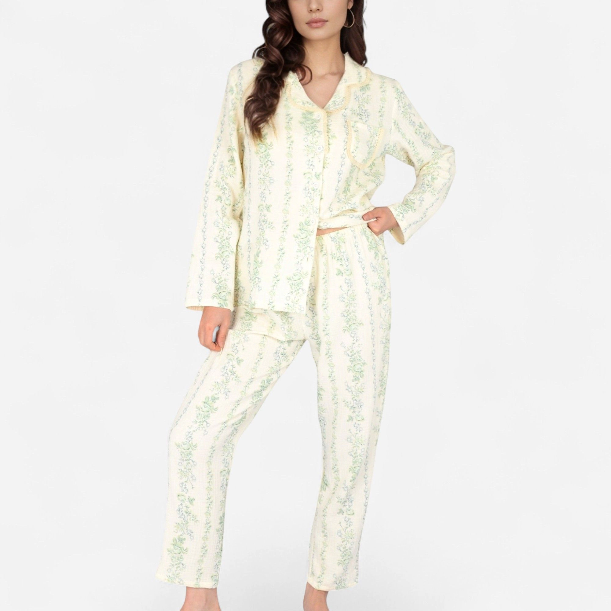 Anna-Kaci Women's Floral Stripe Pajama Set with Button Up Top Chest Pocket and Elastic Waist Pants