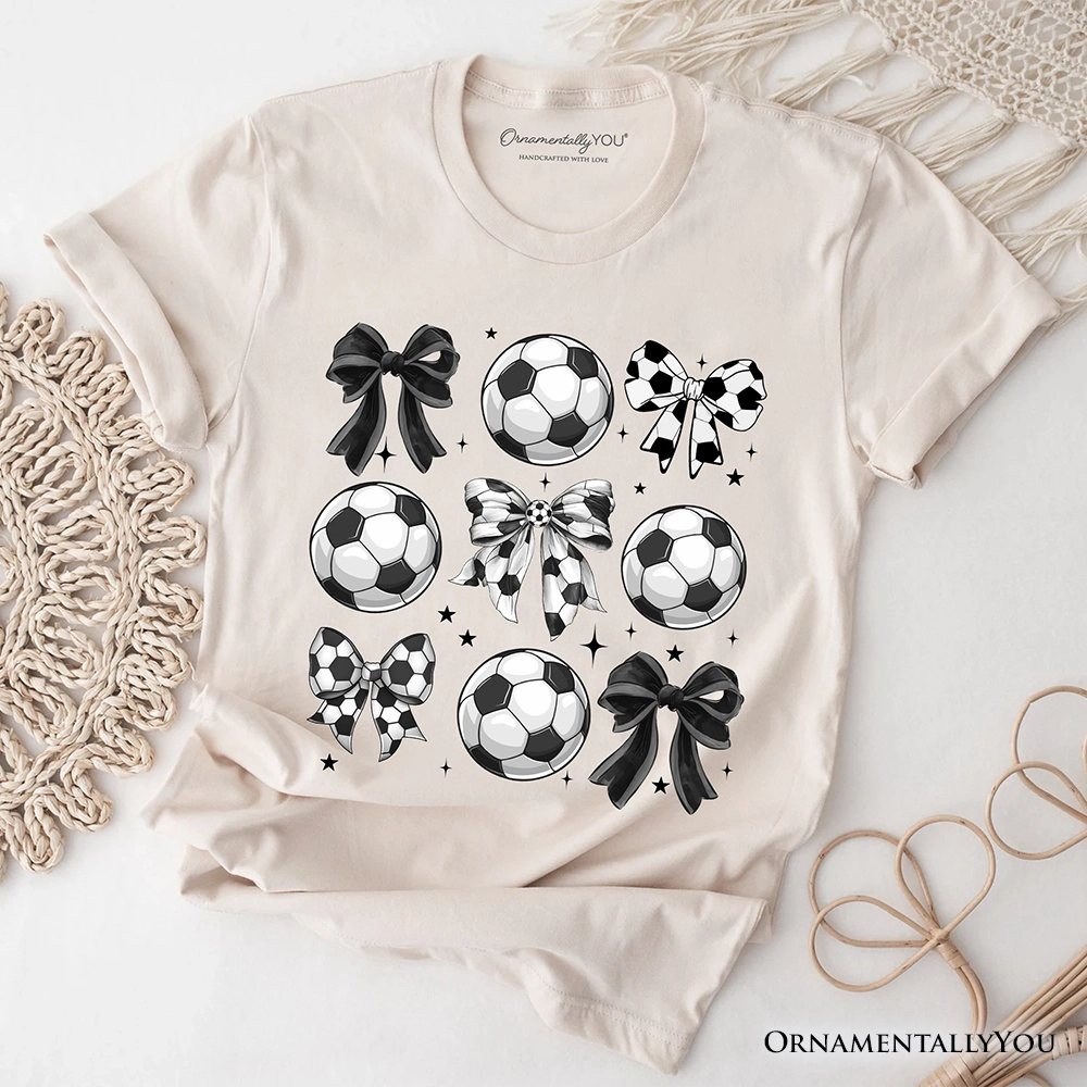 OrnamentallyYou Womens Coquette Bows Soccer Balls T-Shirt