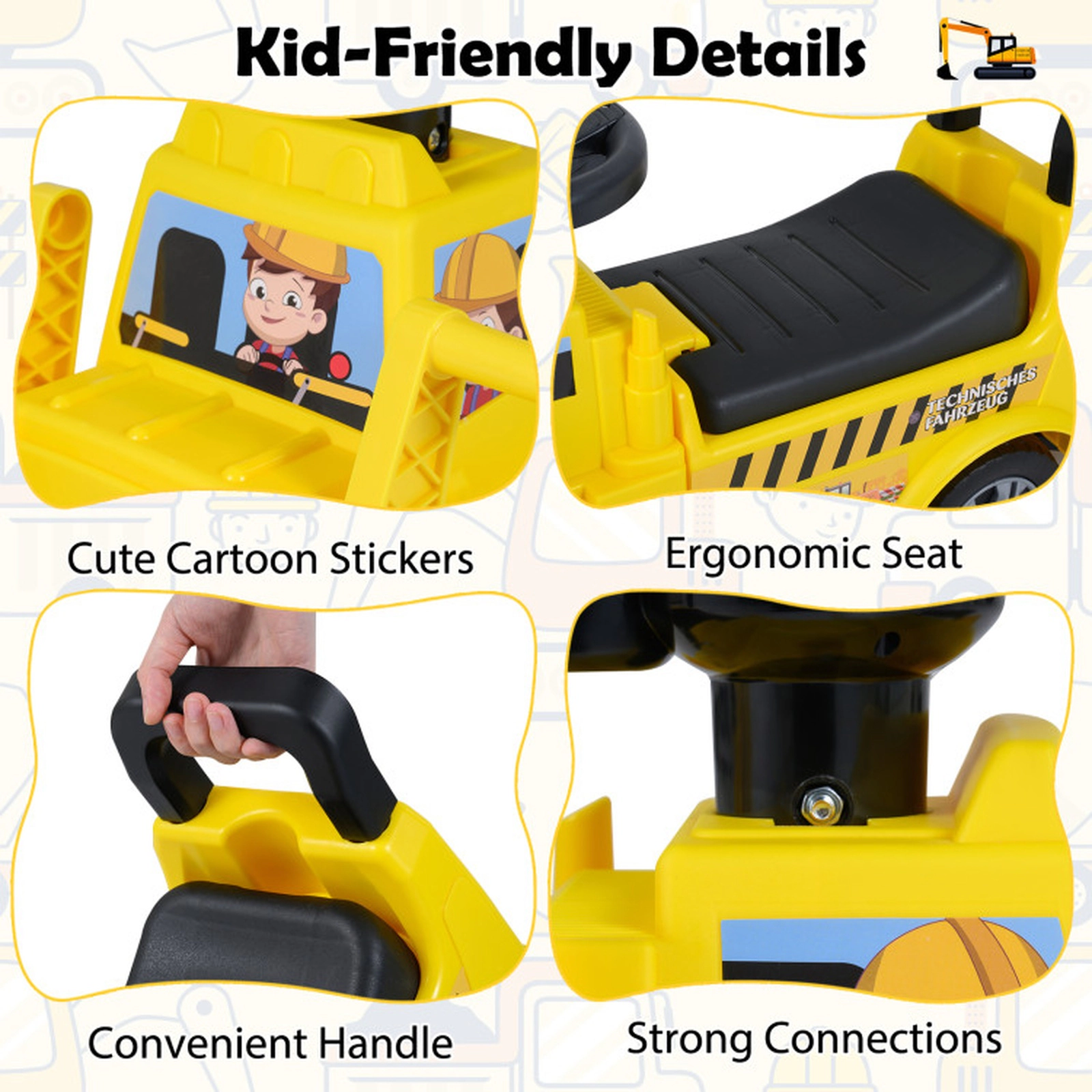 SUGIFT Yellow Shovel Trailer and Under-Seat Storage Kids Foot to Floor Digger Ride On Truck