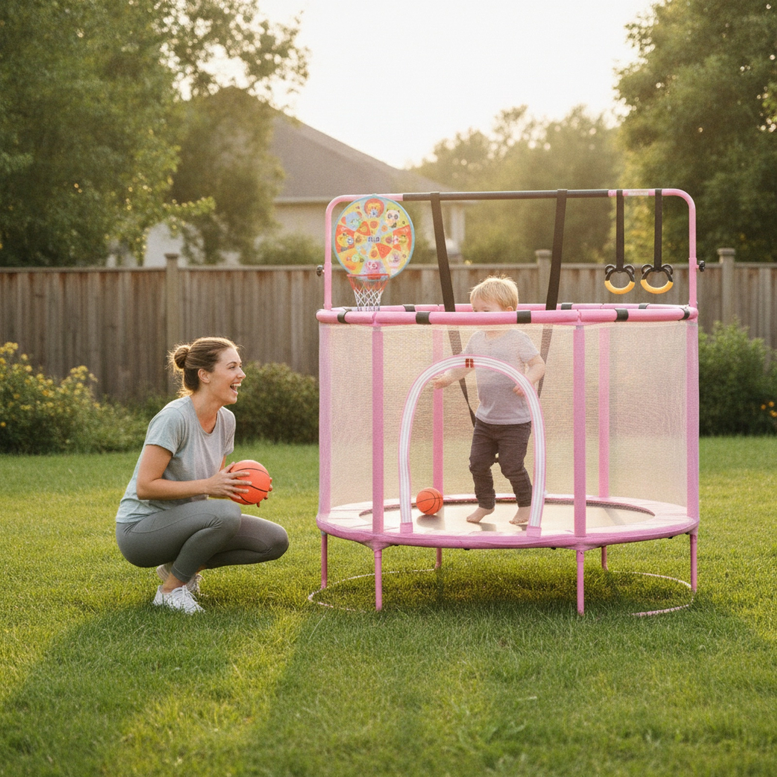 55-in Trampoline Adjustable Gymnastics Bar Kids Basketball Hoop Swing Purple Toddler Trampoline Indoor Outdoor Ages 3+