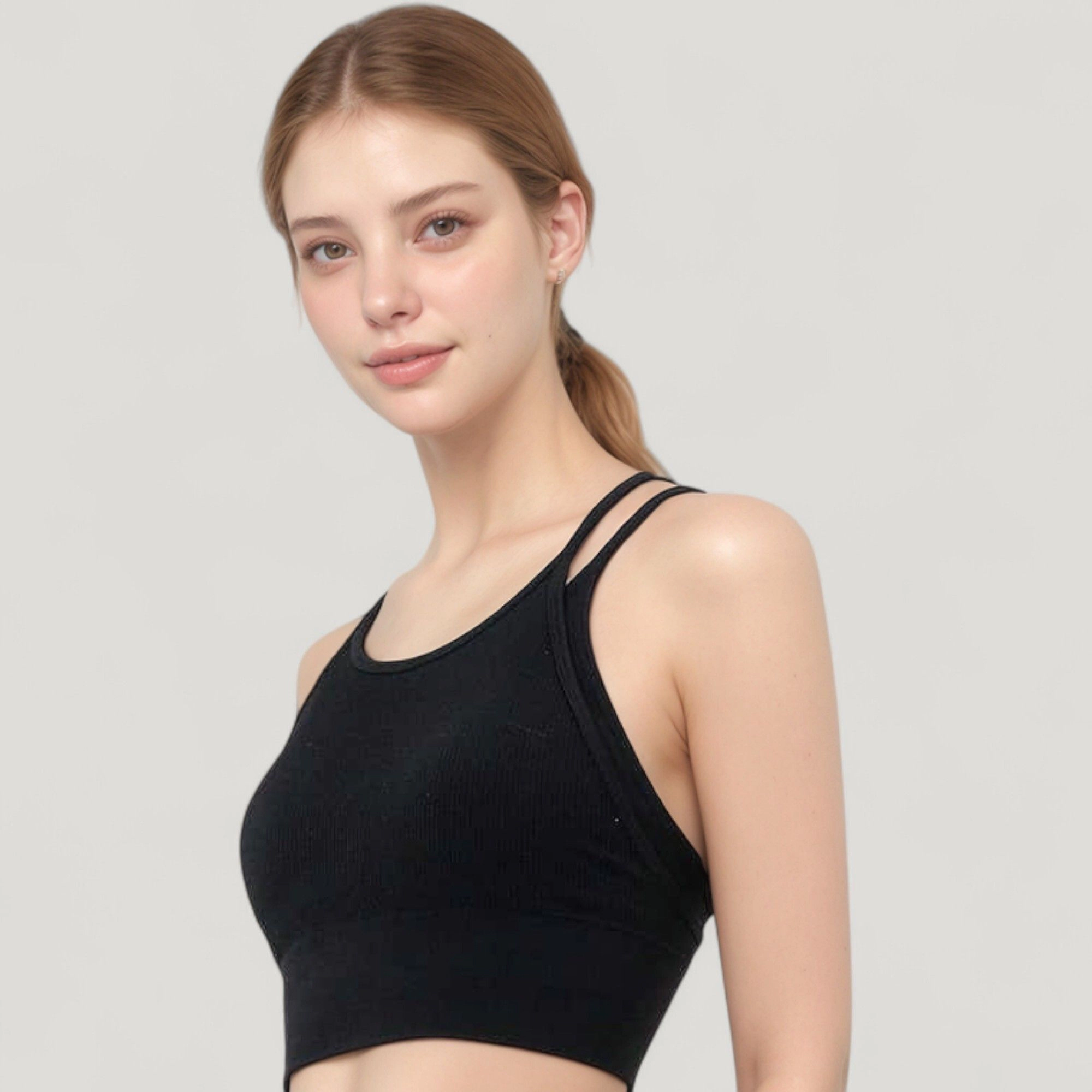 Anna-Kaci Women's Double Strap Crew Neck Ribbed Crop Top with Fitted Hem