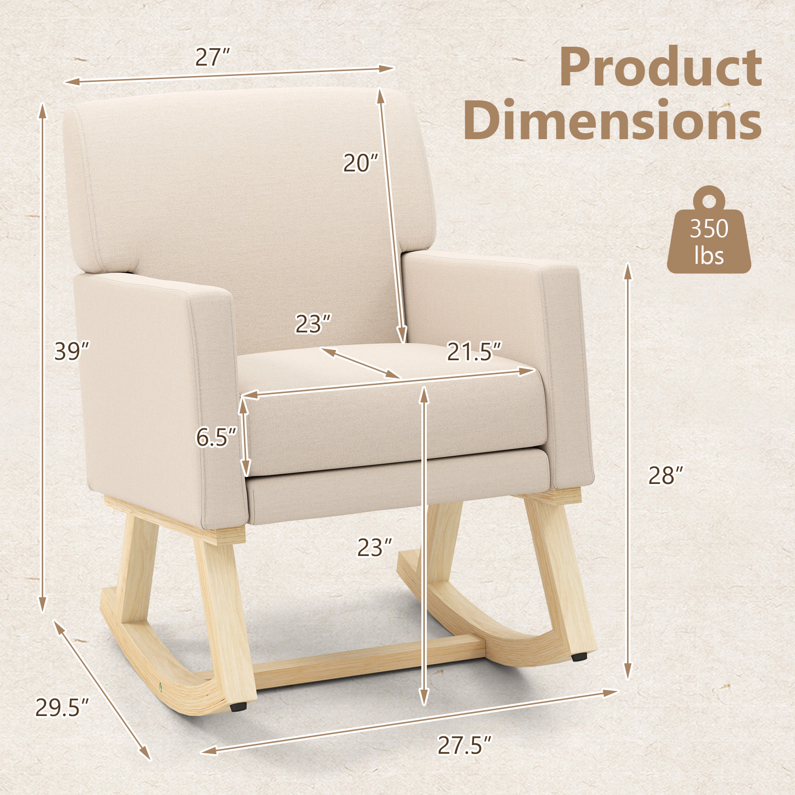 LJG Upholstered Rocking Chair with Fabric Padded Seat and Solid Wood Base