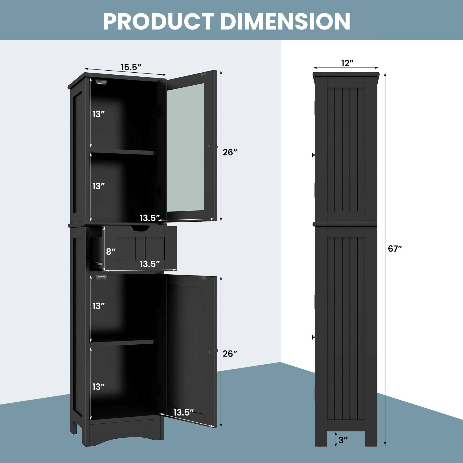 Glintex 67-Inch Slim Storage Cabinet with 2 Glass Doors and 1 Drawer