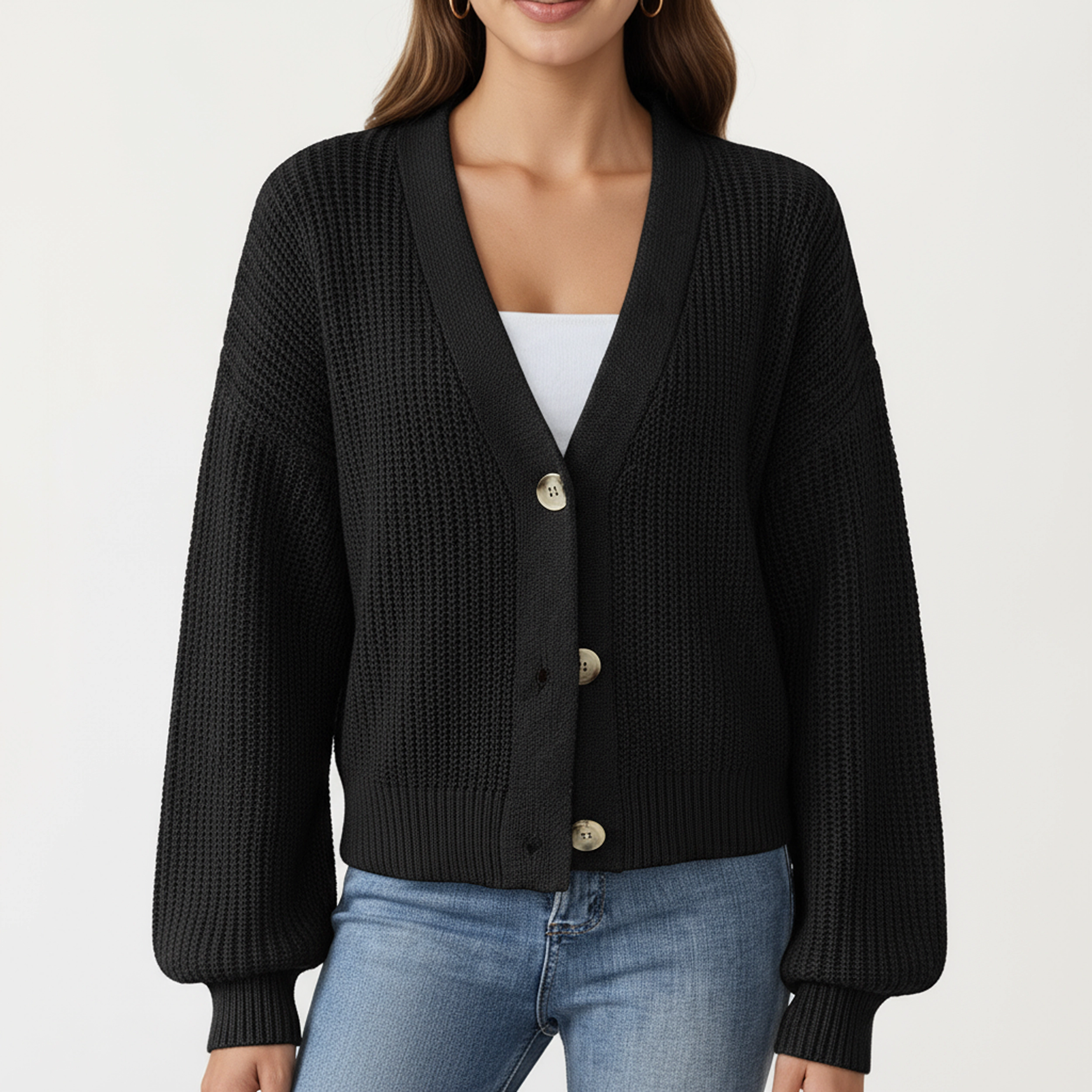 Anna-Kaci Women's Button Front Knit Cardigan with Long Lantern Sleeves and Relaxed Fit Design