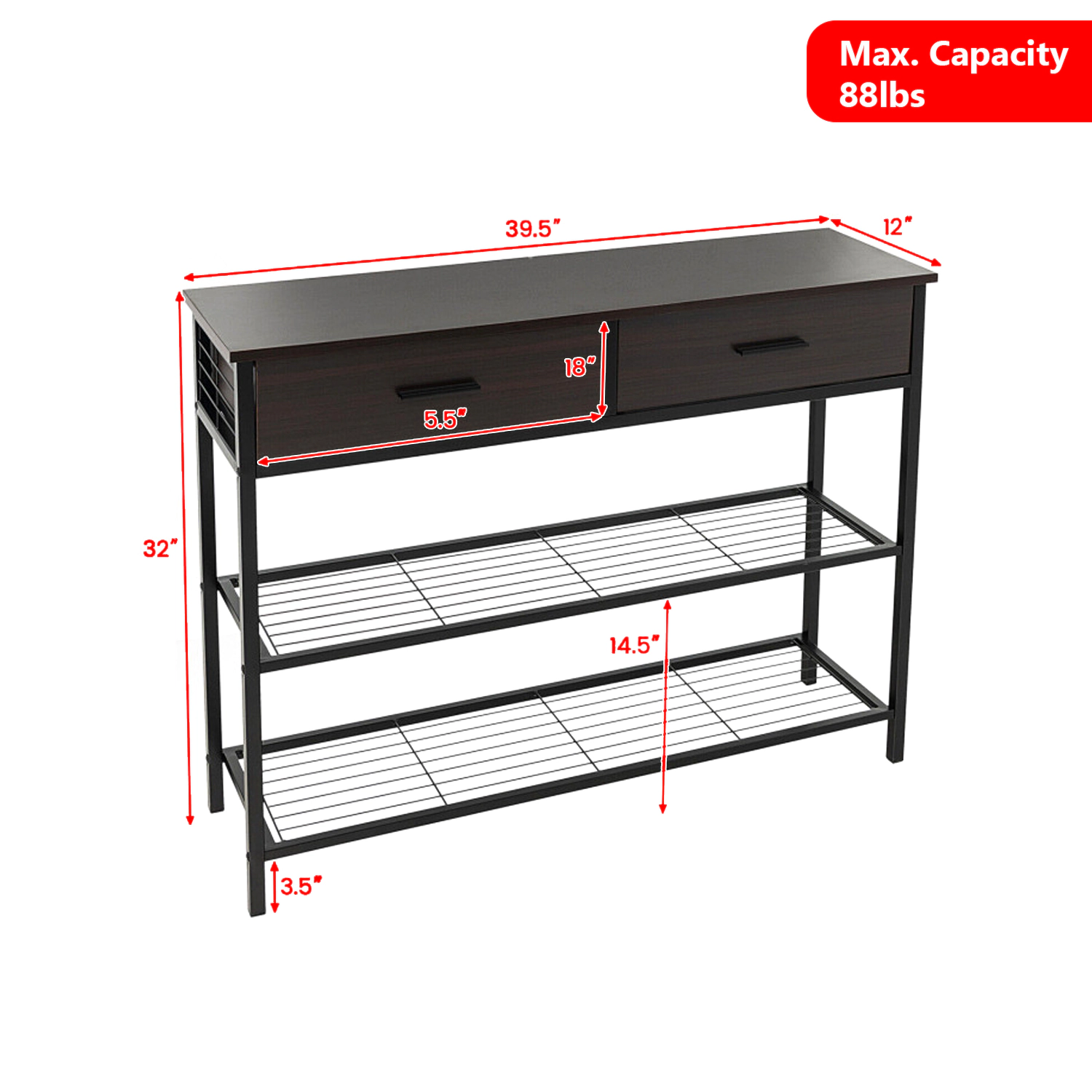 Hivvago Functional 39.5" Hallway Table with Drawers and Two-Level Storage