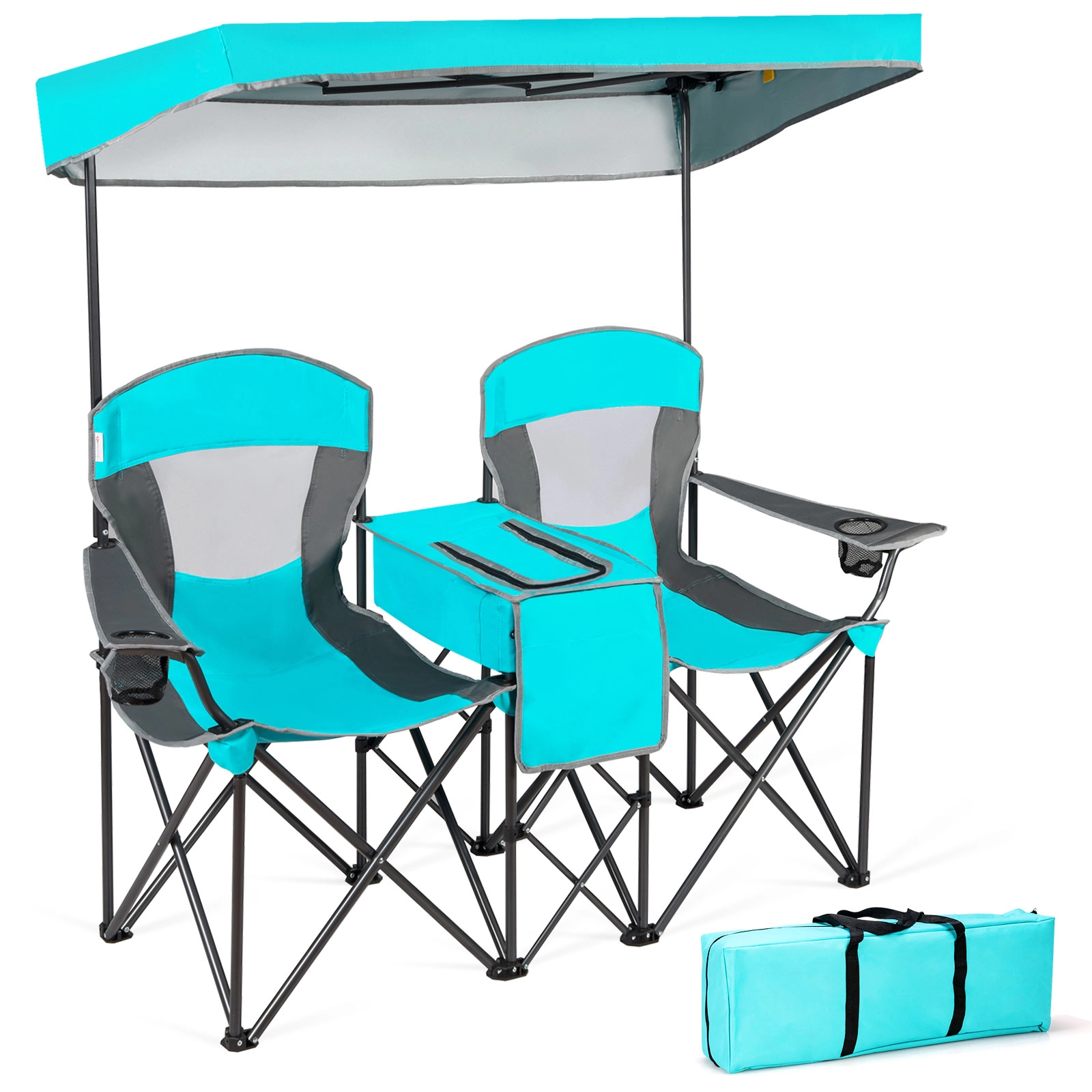 SUGIFT 265-lb Capacity Portable Folding Camping Canopy Chair with Adjustable Sun Shade Cooler Bag and Cup Holder