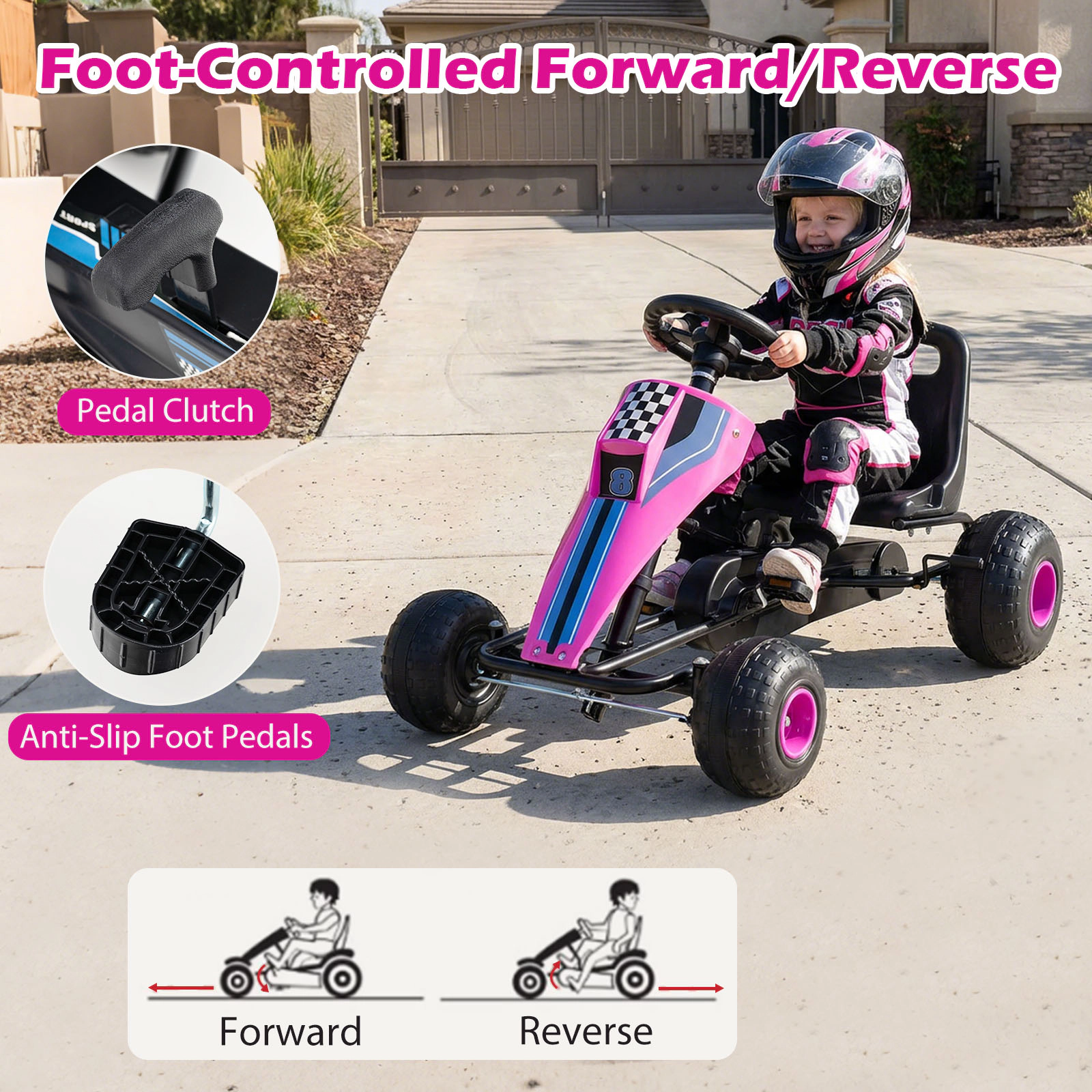SUGIFT 4-Wheel Ride On Toy Pedal Go Kart with Steering Wheel and Safe Handbrake 77-lb Capacity Ages 3+ Pink/White