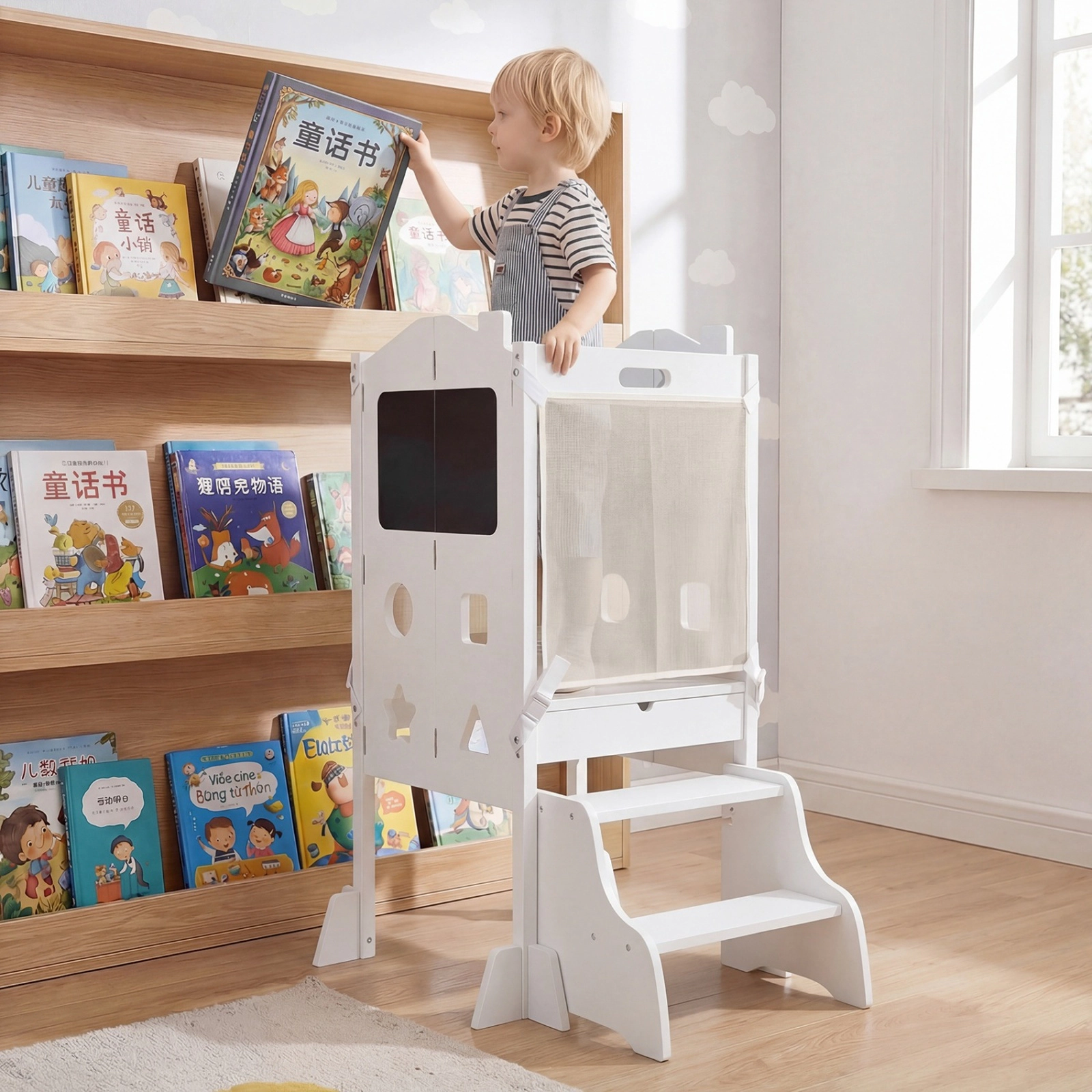 SUGIFT White Foldable Toddler Learning Tower with Chalkboards and 2-Step Stool for Kids Kitchen Helper