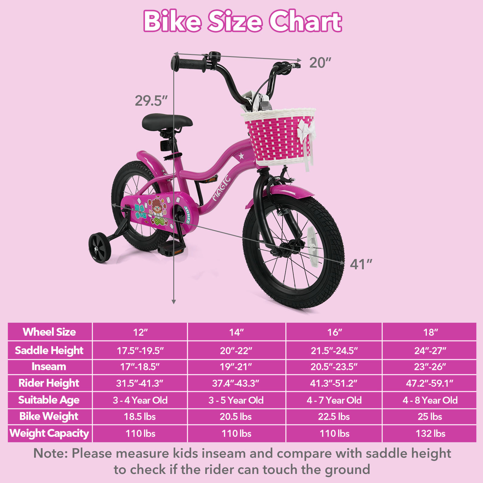14-in Kids Bike Removable Training Wheels Ages 3-5 Rose Toddler Bicycle Front Basket Bell Mudguards 110-lb Capacity
