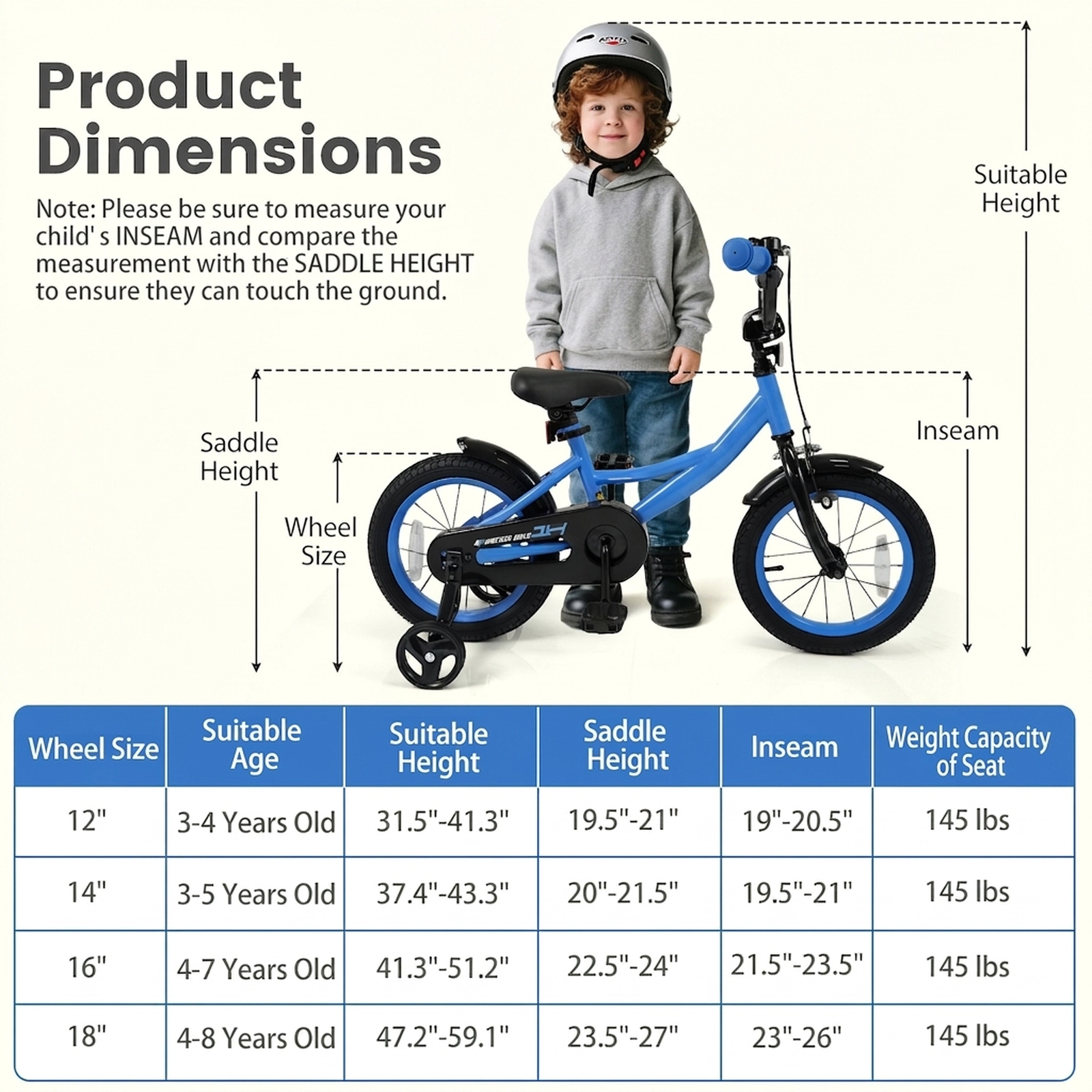 SUGIFT 14-in Kids Bicycle Removable Training Wheels & Adjustable Seat 145-lb Capacity Ages 3-5 Years Beige Black Blue
