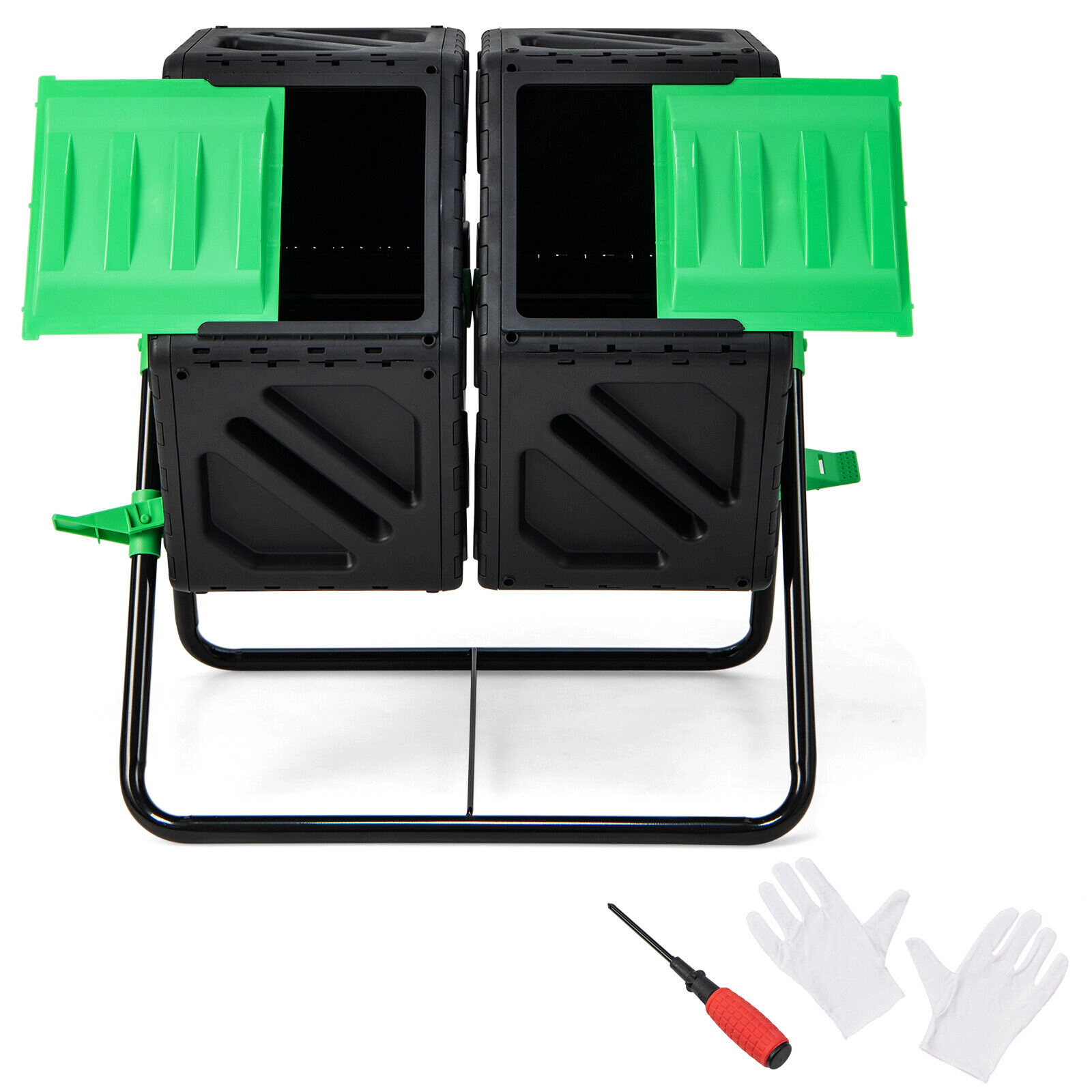 SUGIFT 34.5-gal Dual Chamber Outdoor Compost Tumbler with 360-Degree Rotation and Sliding Doors