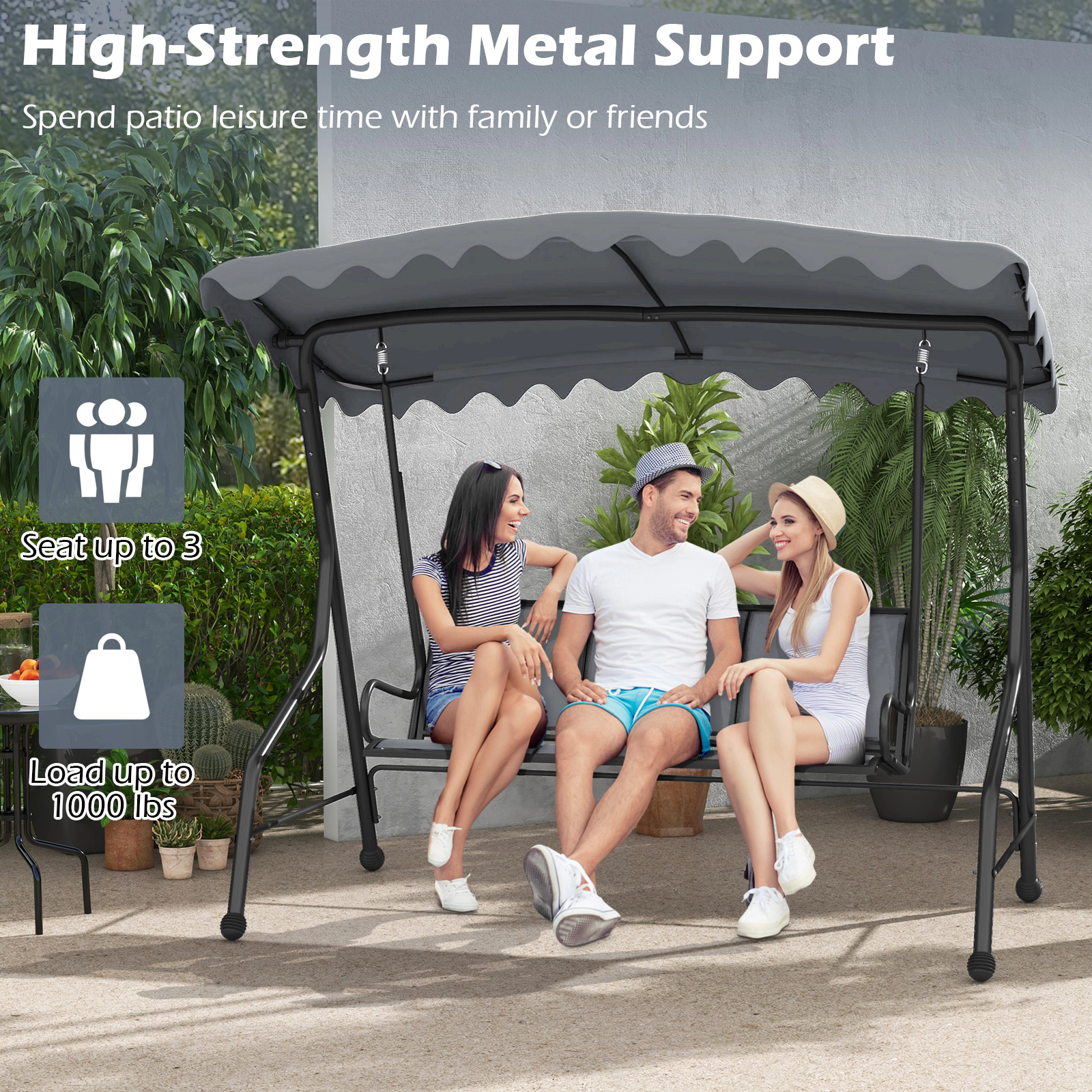 SUGIFT Gray 3-Seat Outdoor Porch Swing, 61-Inch Seat, Breathable Canopy, 1,000-Lb Capacity
