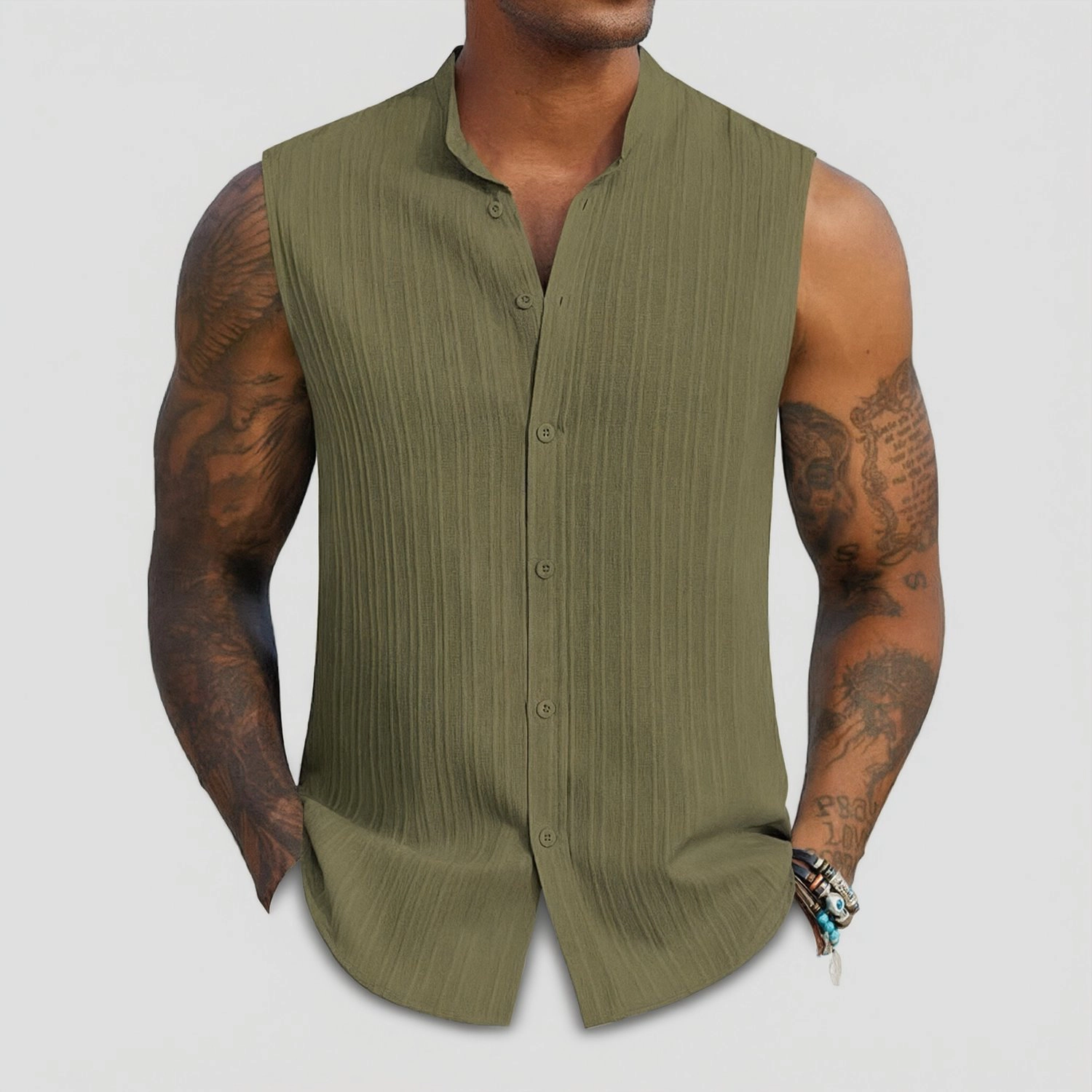COOFANDY Mens Sleeveless Button Down Shirt  Henley V Neck Pleated Casual Tops