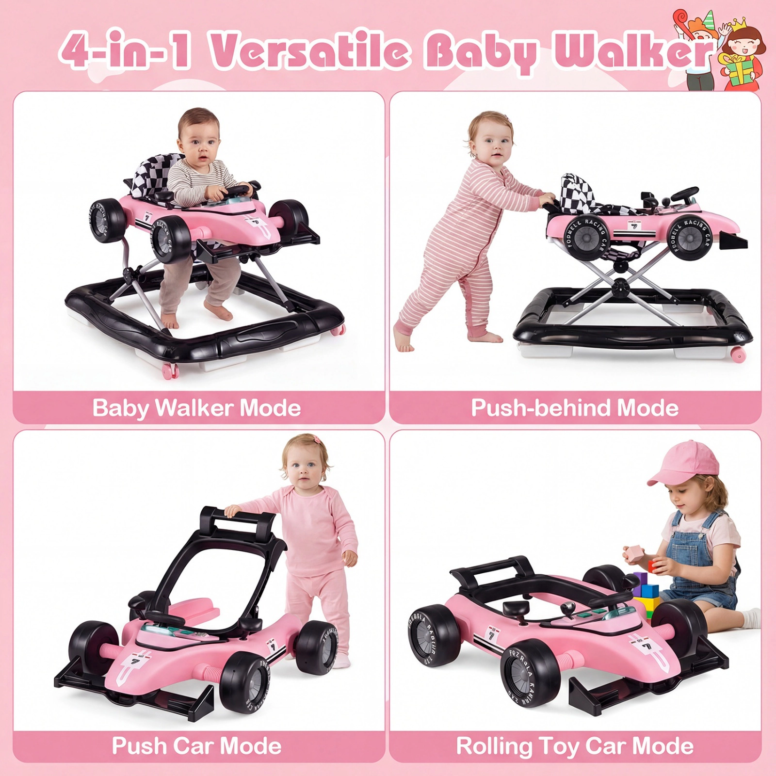 SUGIFT 4-in-1 Height-Adjustable Baby Push Walker Activity Center with Music Box 26.5-lb Capacity Ages 6-18 Months Pink
