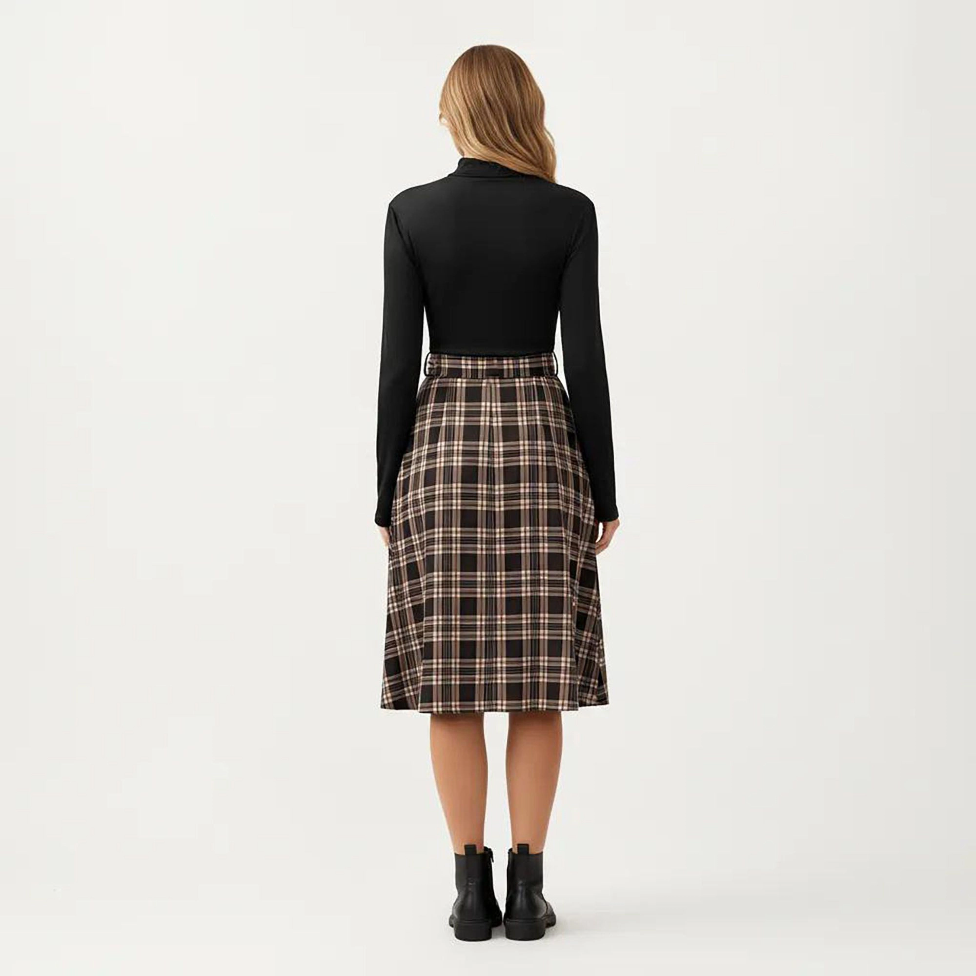 Anna-Kaci Women's Long Sleeve Turtleneck Plaid Waist Tie Dress