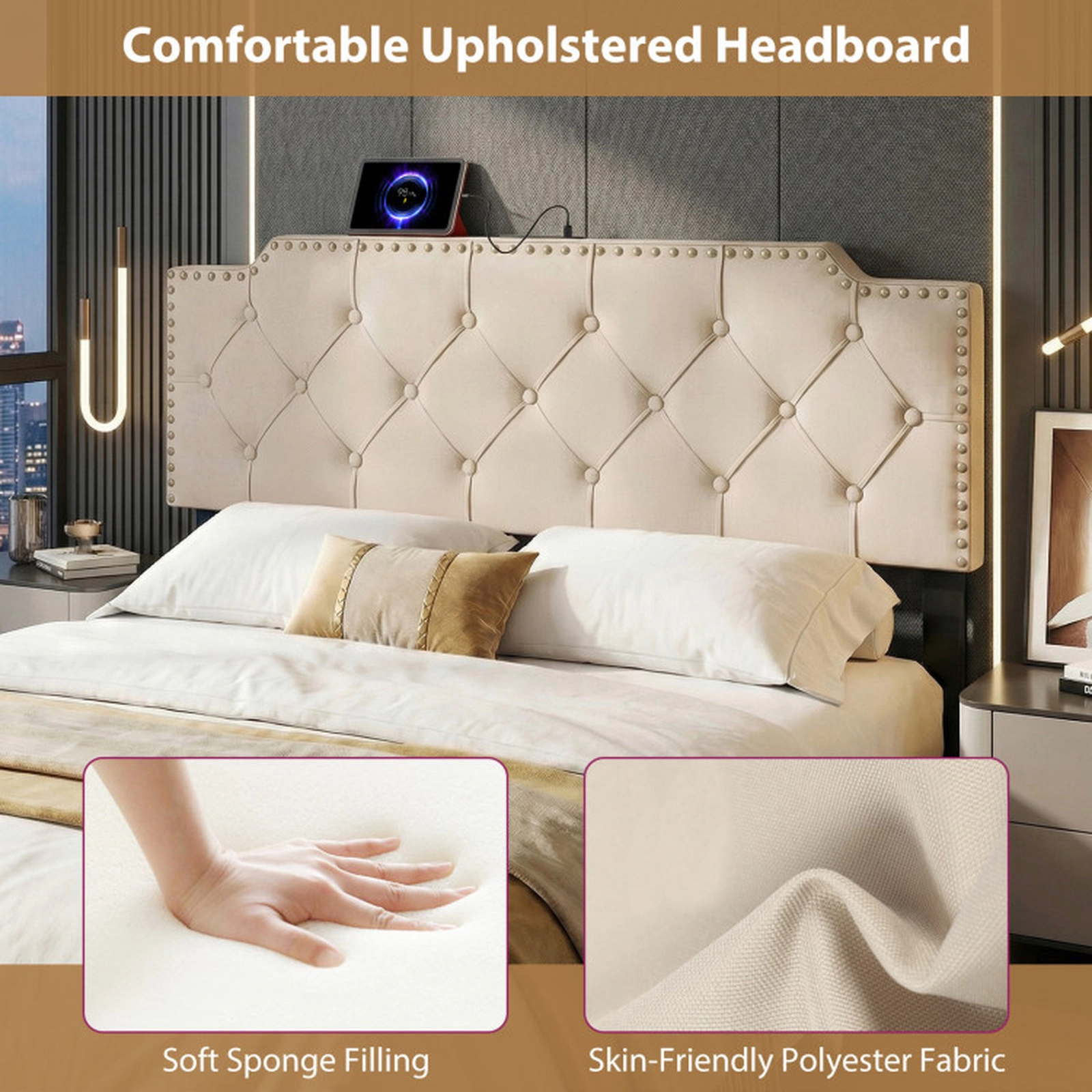 SUGIFT Rivet Tufted Upholstered Headboard with Outlets and USB for Full and Queen Beds Beige/Gray