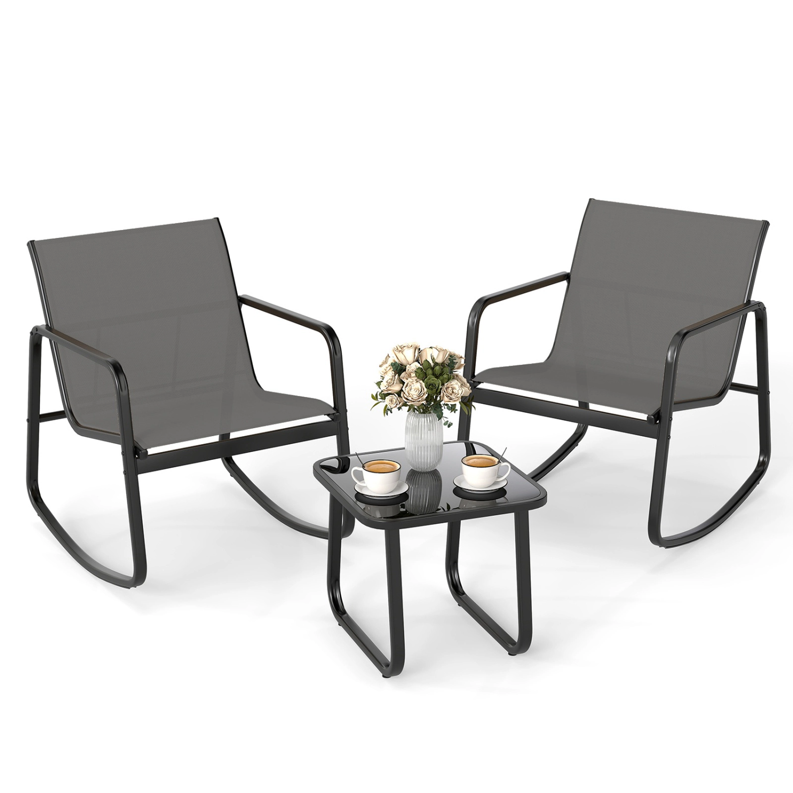SUGIFT 3-Piece Gray Mesh Patio Rocking Chair Set with Two Rockers and 17-Inch Tempered Glass Table