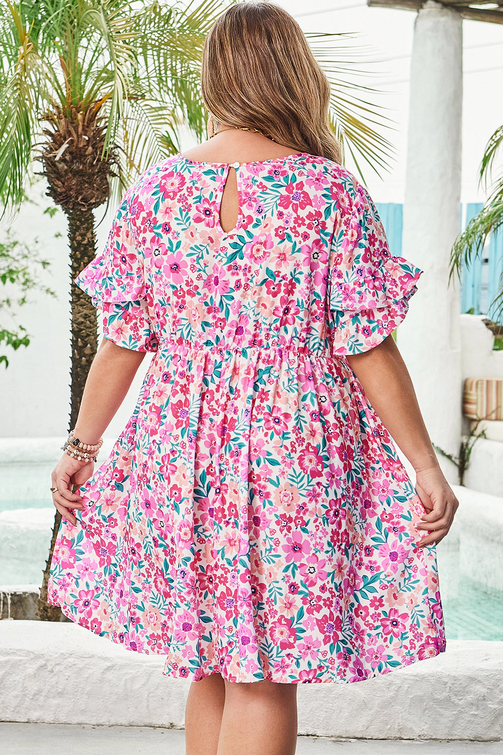 Threaded Pear Women's Talia Plus Floral Short Sleeve Flare Dress