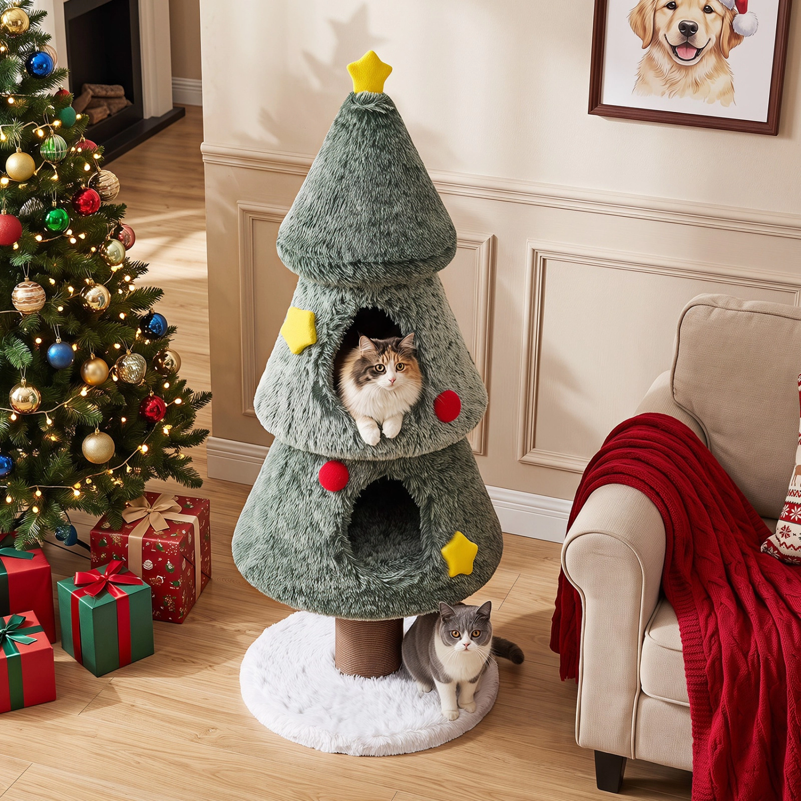 SUGIFT 50-in Tall Christmas Tree Shaped Cat Tree Tower with 2 Condos Scratching Post and Plush Perch