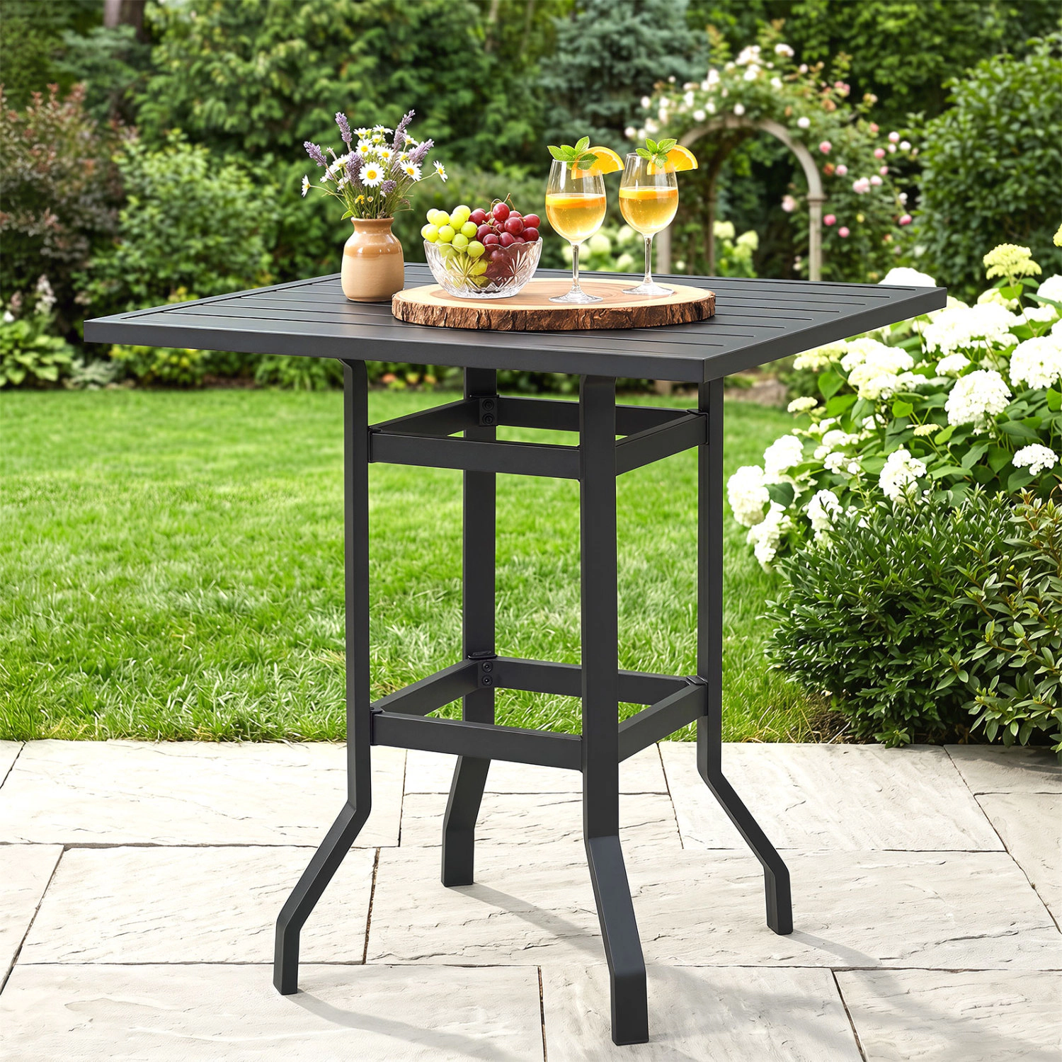 LJG 32 Inches Outdoor Steel Square Bar Table with Powder-Coated Tabletop
