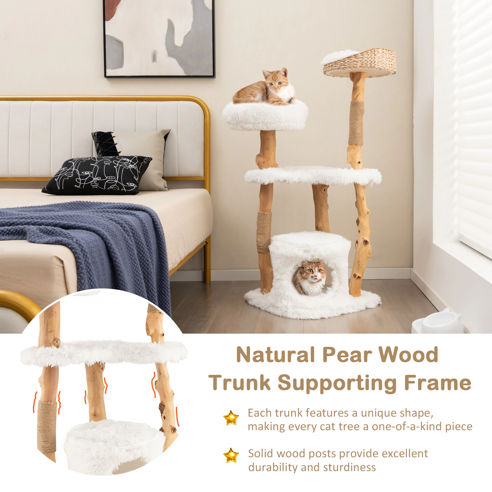 SUGIFT 49 in Solid Wood Cat Tower White with Cattail Basket Bed and Jute Posts