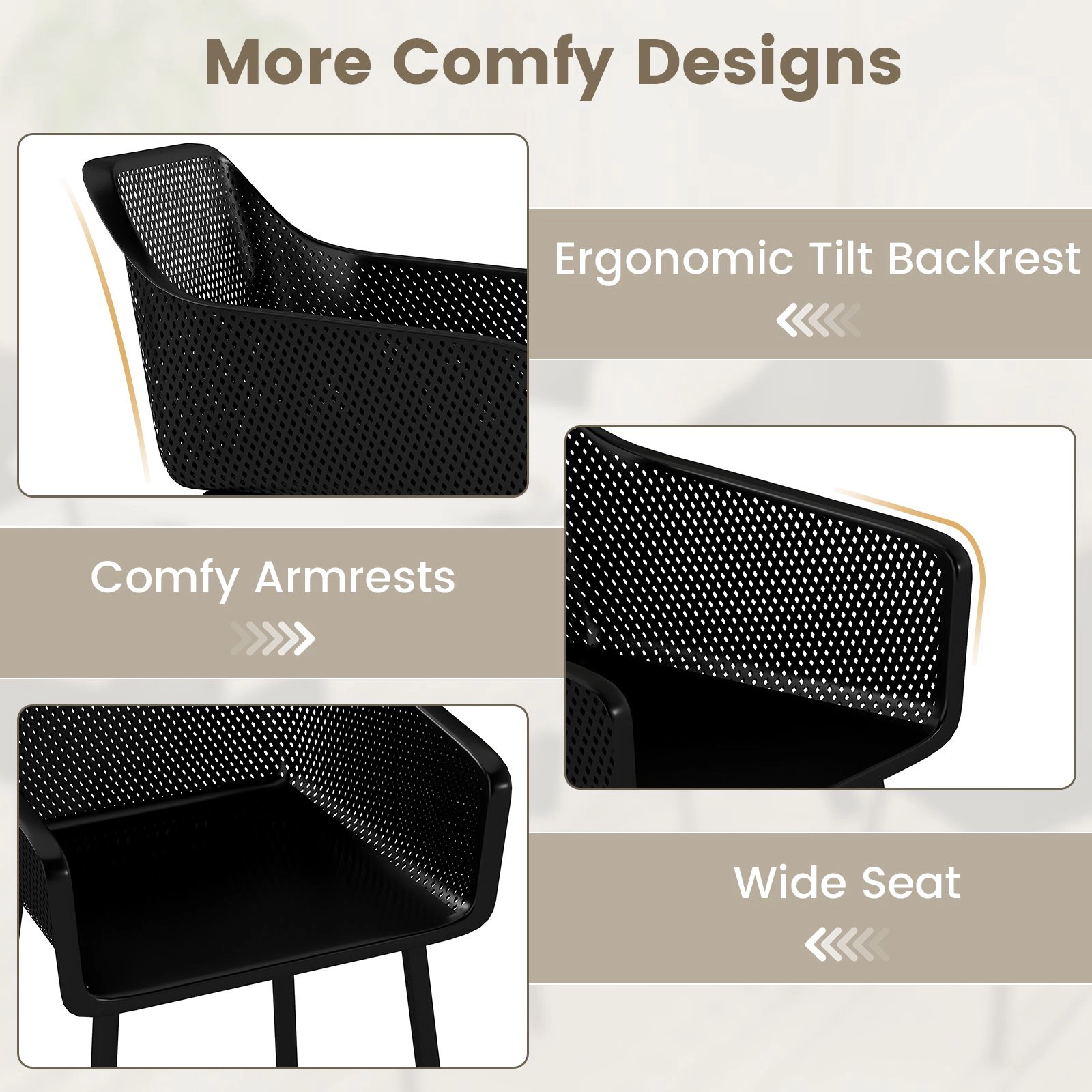 SlickBlue Black Plastic Dining Chairs Set of 2, Armrest Mesh Back