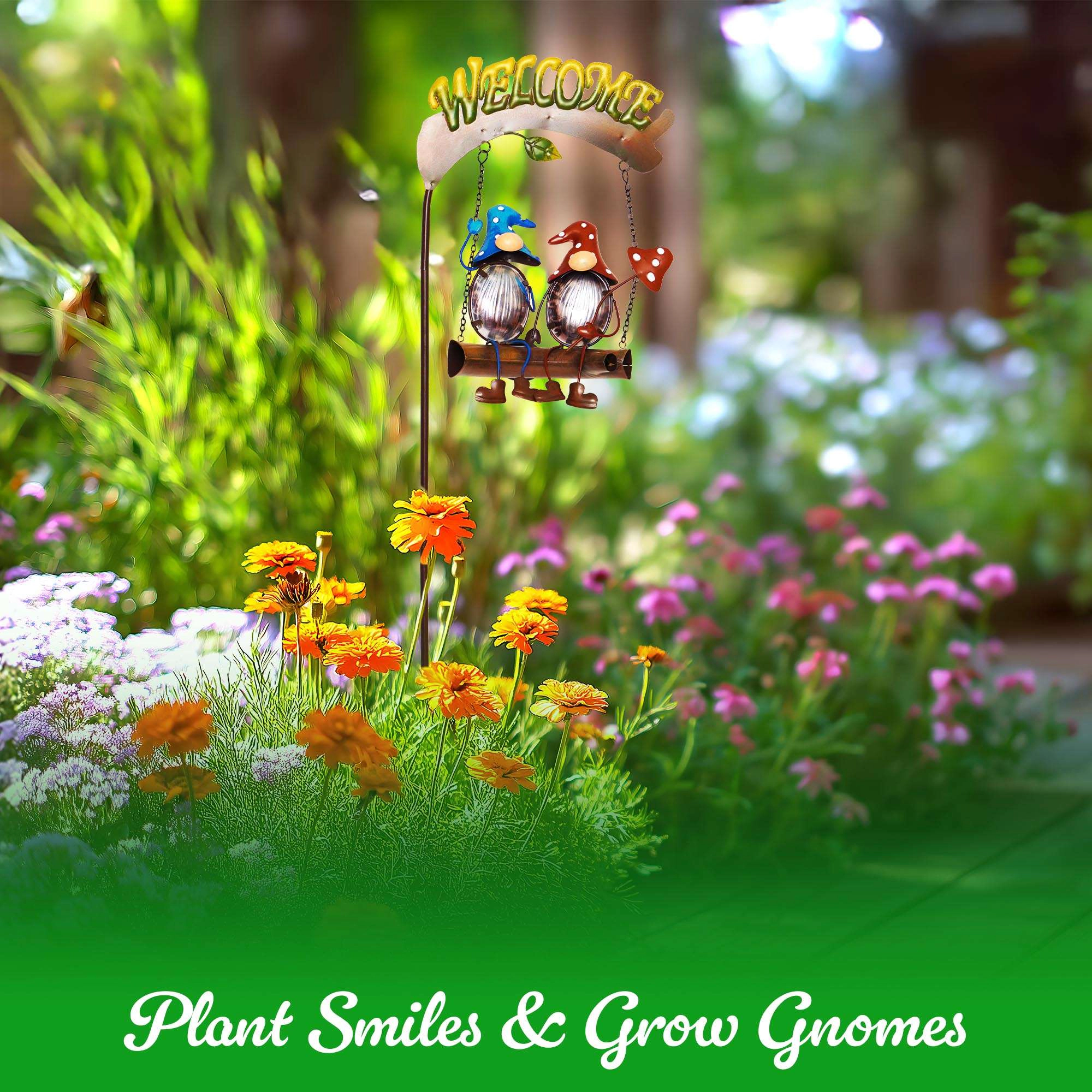 G128 Gnome Solar Garden Stake Light with Welcome Sign - Swinging Gnome Mushroom Yard Decor for Lawn Patio Porch