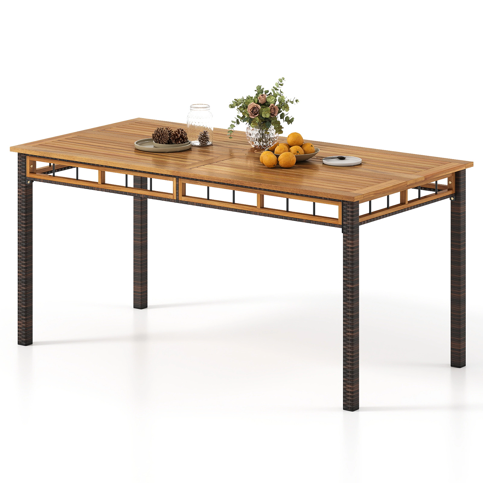 SUGIFT 63-in Outdoor Dining Table with Acacia Wood Slatted Tabletop 165-lb Capacity Natural + Black