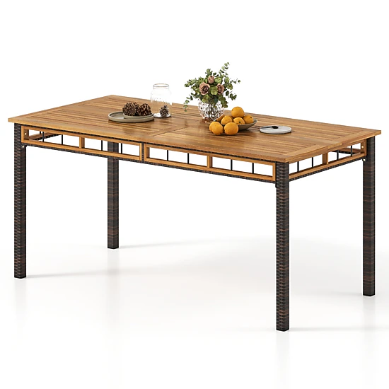 SUGIFT 63-in Outdoor Dining Table with Acacia Wood Slatted Tabletop 165-lb Capacity Natural + Black