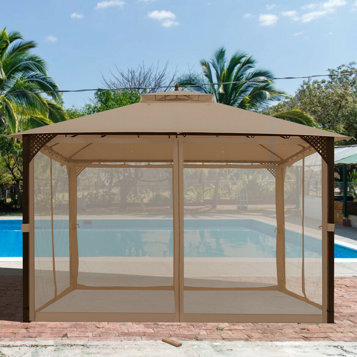 SUGIFT 12-ft x 10-ft Brown Outdoor Patio Gazebo with Mosquito Netting Double Roof and Steel Frame