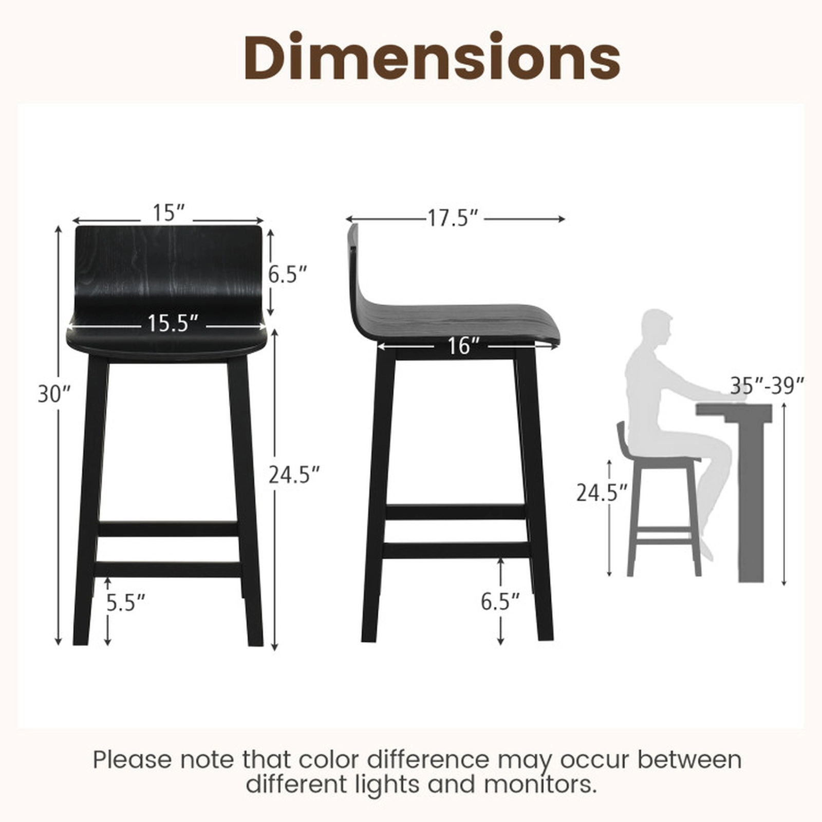 SUGIFT Set of 2 Black Mid-Century Solid Wood Bar Stools, 24.5 in Seat, Backrest and Footrest