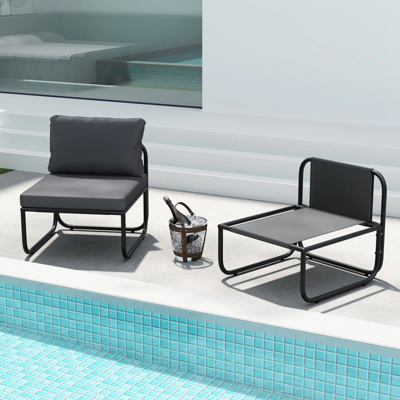 SUGIFT Set of 2 Grey Metal Outdoor Balcony Lounge Chairs with Washable Removable Cushions