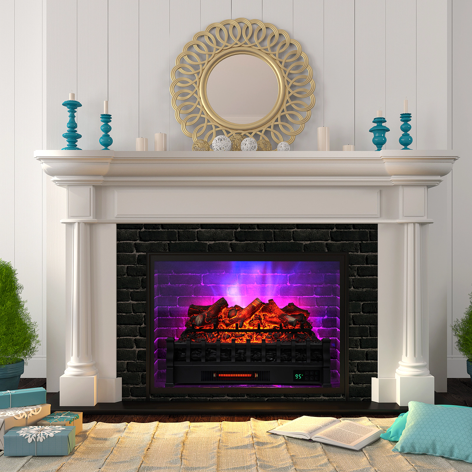 LJG 26 Inch Electric Fireplace Heater with Remote Control and Realistic Lemonwood Ember Bed