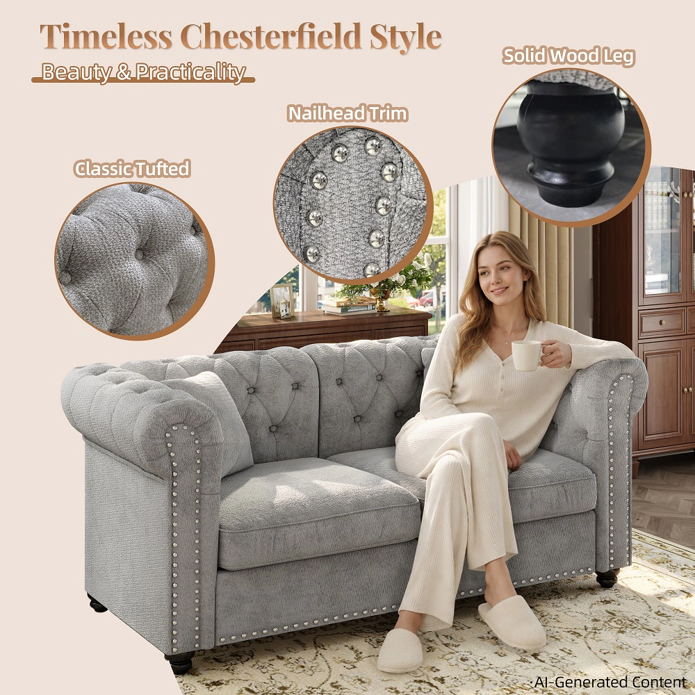 RENDGO Chesterfield Tufted Sofa with Rolled Arms Chenille Deep Seat Sofas Chair for Living Room Apartment Office