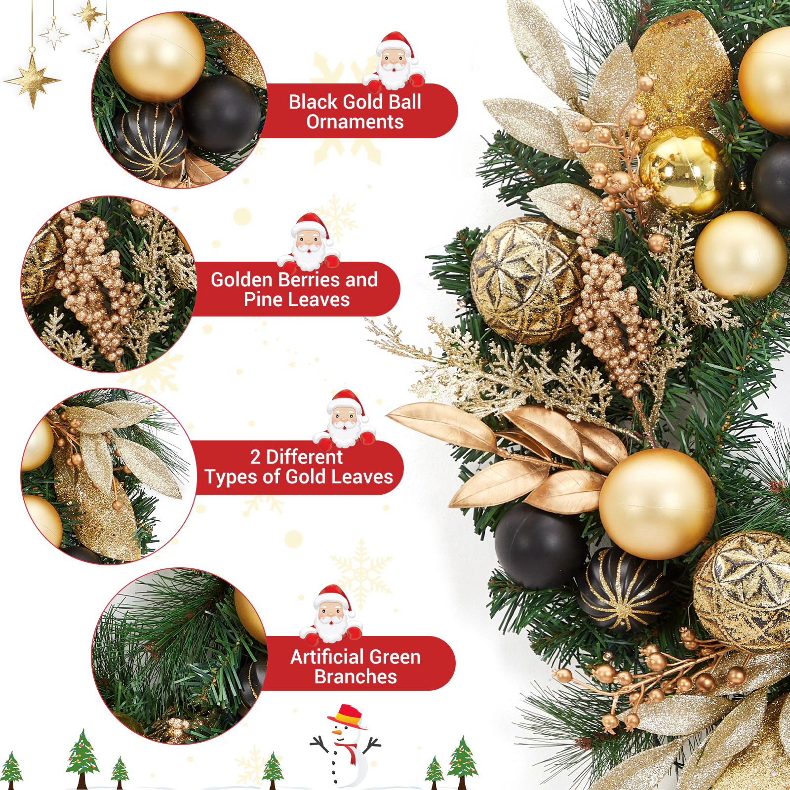 BebreezChic 22" Modern Christmas Wreath, Black Gold, Shiny Metallic Ornaments, Golden Foliage, Holiday Accent, Door Wall